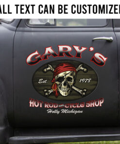 2 Pcs Personalized Hot Rod And Cycle Shop Pirate Skull Old School Garage Set 02 Vinyl Stickers 09755