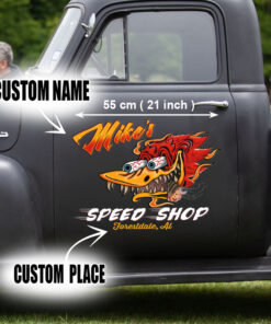 2 Pcs Personalized Hot Rod Garage Speed Shop Kustom Kultrure Old School Vinyl Stickers 09548