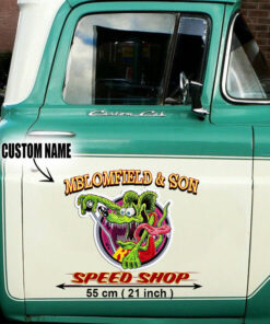 2 Pcs Personalized Hot Rod Garage Speed Shop Kustom Kultrure Old School Vinyl Stickers 09565