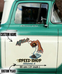 2 Pcs Personalized Hot Rod Garage Speed Shop Kustom Kultrure Old School Vinyl Stickers 09572