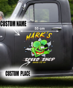 2 Pcs Personalized Hot Rod Garage Speed Shop Kustom Kultrure Old School Vinyl Stickers 09581