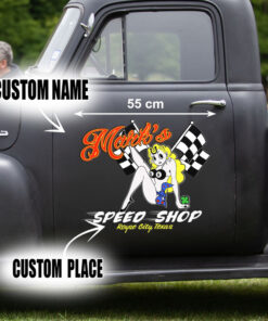 2 Pcs Personalized Hot Rod Garage Speed Shop Kustom Kultrure Old School Vinyl Stickers 09619