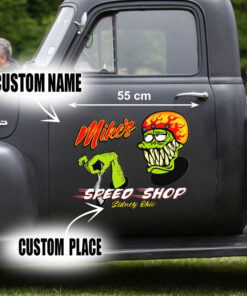 2 Pcs Personalized Hot Rod Garage Speed Shop Kustom Kultrure Old School Vinyl Stickers 09640