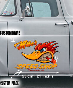 2 Pcs Personalized Hot Rod Garage Speed Shop Kustom Kultrure Old School Vinyl Stickers 09657