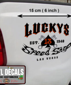 2 Pcs Personalized Hot Rod Garage Speed Shop Lucky 13 Vinyl Sticker 09904