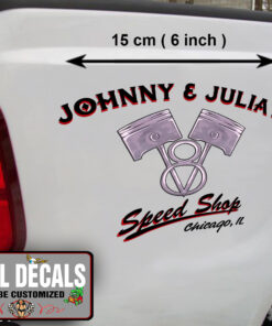 2 Pcs Personalized Hot Rod Garage V8 Garage Sped Shop Vinyl Sticker 09935