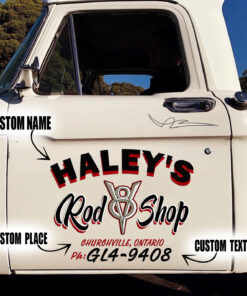 2 Pcs Personalized Pinstripe Hot Rod Garage V8 Rod Shop Set 02 Vinyl Stickers 09741