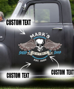 2 Pcs Personalized Skull Hot Rod Garage Speed Shop Set 02 Vinyl Stickers 09761