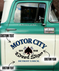 2 Pcs Personalized Speed Shop Hot Rod Garage Set 02 Vinyl Stickers 09759