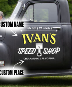 2 Pcs Personalized Speed Shop Hot Rod Vinyl Stickers 09421