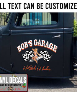 Personalized Checker Flag Pin Up Girl And Spark Plug Lettering Vinyl Sticker 10590