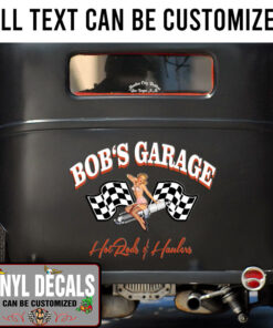 Personalized Checker Flag Pin Up Girl And Spark Plug Lettering Vinyl Sticker 10590