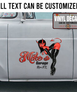 Personalized Red Devil In Black Leather Pin Up Girl Sticker 11280