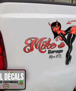 Personalized Red Devil In Black Leather Pin Up Girl Sticker 11280
