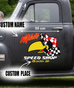 Personalized Hot Rod Bird And Racing Flag Vinyl Sticker 10736