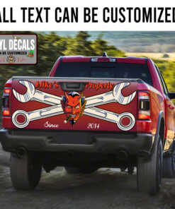 Personalized Hot Rod Devil Crossing Wrenchs Truck Tailgate Decals 11146