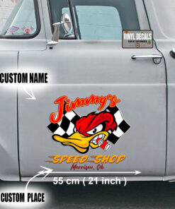 Personalized Hot Rod Duck And Racing Flag Lettering Vinyl Sticker 10669