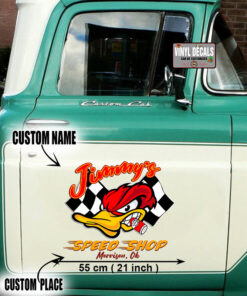 Personalized Hot Rod Duck And Racing Flag Lettering Vinyl Sticker 10669