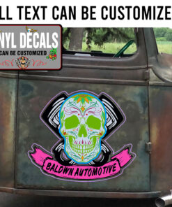 Personalized Sugar Skull And Piston Lettering Vinyl Sticker 10392