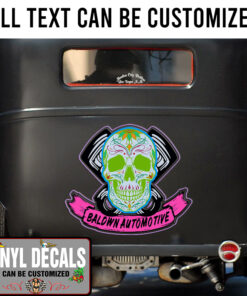 Personalized Sugar Skull And Piston Lettering Vinyl Sticker 10392