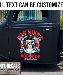 Personalized Iron Cross And Skull Hot Rod Vinyl Sticker 10283