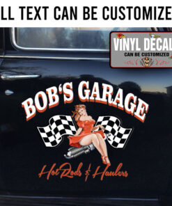 Personalized Pin Up Girl With Checker Flag Lettering Vinyl Sticker 10522
