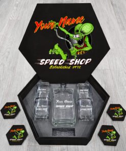 Alternative view of Hot Rod Garage Rat Fink Speed Shop Personalized Whiskey Decanter Set