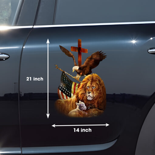 Lion Family with Jesus Cross; Eagle Flag Decal, Christian Vinyl Sticker for Car Window