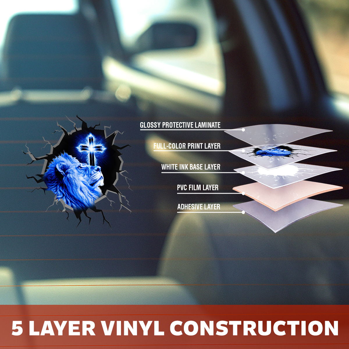 Jesus Lion Car Decal - 3D Broken Glass Effect Faith Over Fear Window Decal - Christian Tags for Vehicles, Calcomanías para Trocas & Estiquer para Carro de Dios