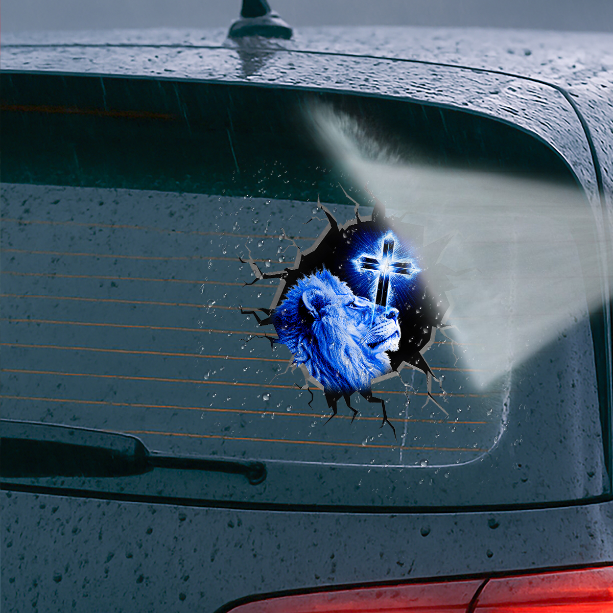 Jesus Lion Car Decal - 3D Broken Glass Effect Faith Over Fear Window Decal - Christian Tags for Vehicles, Calcomanías para Trocas & Estiquer para Carro de Dios