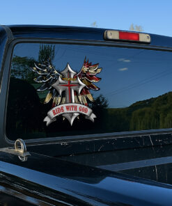 Ride with God Wings and Cross Helmet Sticker - Christian Stickers, Jesus Stickers & Car Decals - Waterproof Vinyl for Motorcycle Tank, Car, Truck, Bumper