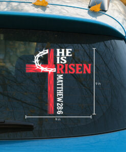 He is Risen Cross Decal - Christian Jesus Car Sticker with Matthew 28-6 Bible Verse, I Love Jesus Car Sticker & Durable Window Decal