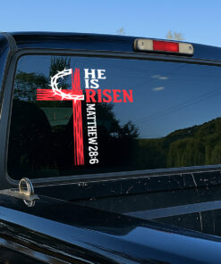 He is Risen Cross Decal - Christian Jesus Car Sticker with Matthew 28-6 Bible Verse, I Love Jesus Car Sticker & Durable Window Decal
