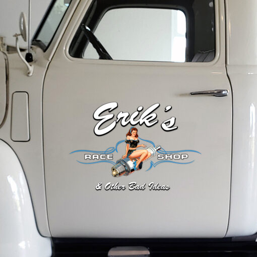 Personalized Hot Rod Pinstripe Decals Pinup Girl Candle Spark Plugs Speed Shop Sticker 2pcs