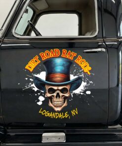 Rat Rod Skull Decal Dirt Road Hot Rod Sticker with Top Hat, Logandale NV Garage Stickers