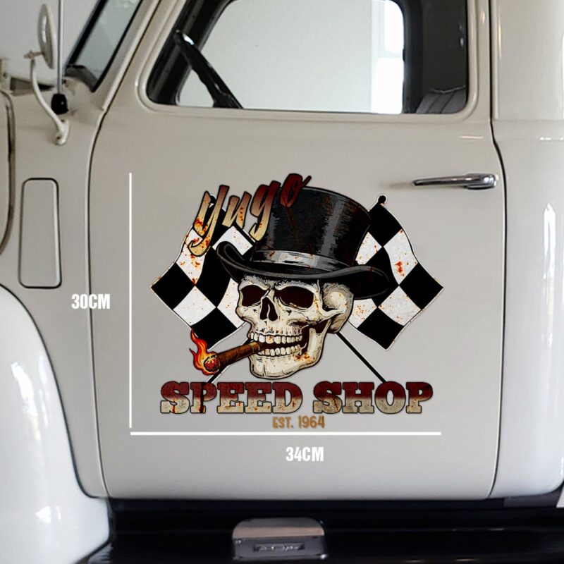 Hot Rod Racing Checkered Flag Skull Sticker - Custom Speed Shop Car Decal